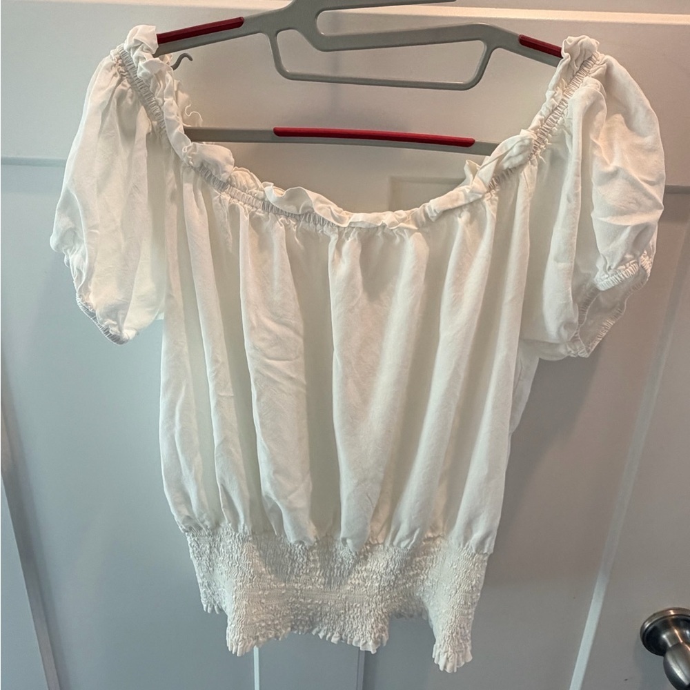 Kate Kasin Off Shoulder Boho Peasant Top White Smocked Waist Blouse large